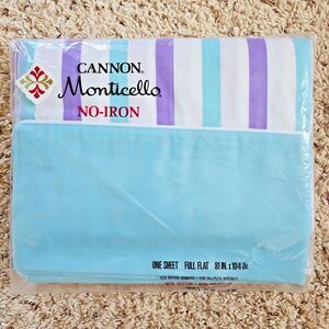 Cannon Monticello Aqua Blue Muslin Full Flat Sheet NEW Vtg MCM Purple Stripe
